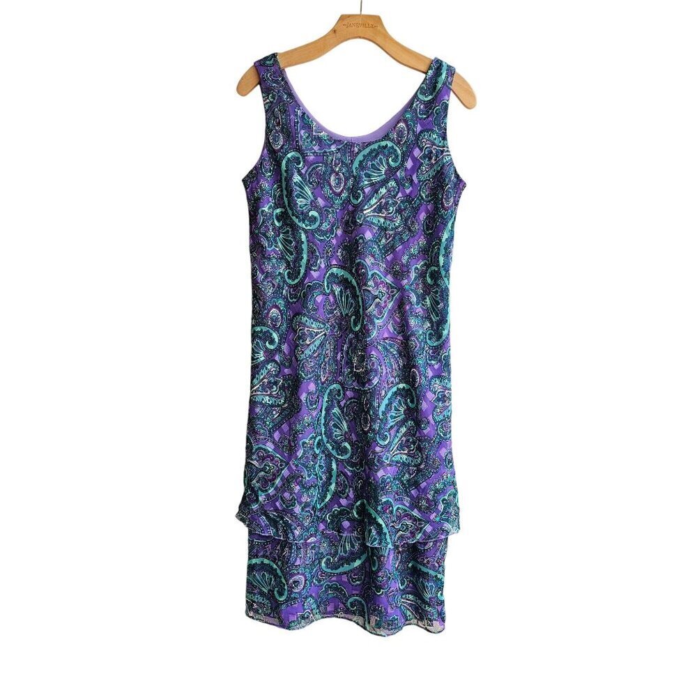 Vintage Patra Purple & Teal Paisley Sleeveless Tiered Dress,  Size 14, USA Made